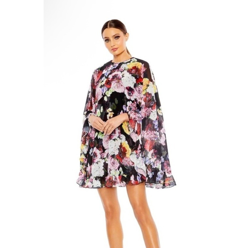Ieena Mac Duggal Black Multi Floral Ruffle Cape Minidress Size 2 $398 #55404 NEW
